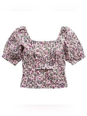 Color Block Smocked Floral Top Pink Purple Green Small
